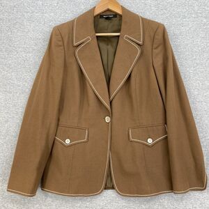 Ellen Tracy Blazer Womens 10 Brown White Contrast Stitch Long Sleeve Stretch